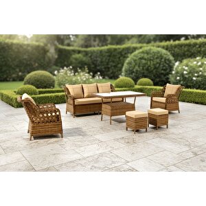 Lüks Rattan Görünümlü 7 Kişilik Bahçe Oturma Takımı Ve 2 Kişilik Salıncak Seti - KAHVERENGİ Minderli Teras Balkon Mobilyası