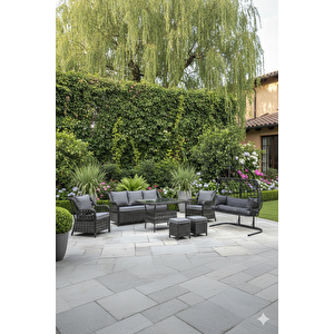 Lüks Rattan Görünümlü 7 Kişilik Bahçe Oturma Takımı Ve 2 Kişilik Salıncak Seti - Gri Minderli Teras Balkon Mobilyası