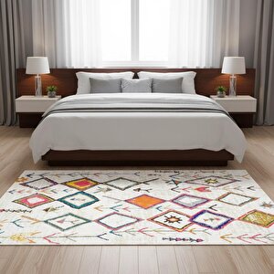 Krem Çok Renkli Boho Motifli Dijital Baskılı Halı – Kaymaz Tabanlı, Geometrik Modern Desenli Salon Oda Halısı 120x850 cm