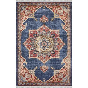 Lacivert Klasik Desenli Dijital Baskılı Kaymaz Tabanlı Halı