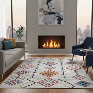 Krem Ve Çok Renkli Boho Motifli Otantik Dijital Baskı Halı – Kaymaz Tabanlı, Geometrik Desenli Dekoratif Salon Halısı 80x350 cm