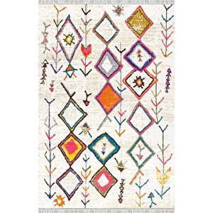 Krem Çok Renkli Boho Motifli Dijital Baskılı Halı – Kaymaz Tabanlı, Geometrik Modern Desenli Salon Oda Halısı