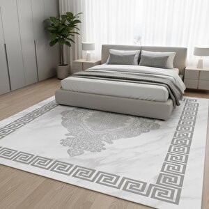 Gri Beyaz Dijital Baskılı Halı Kaymaz Tabanlı Modern Geometrik Bordürlü Dekoratif Salon Ve Oda Halısı 40x60 cm