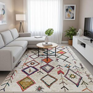 Krem Çok Renkli Boho Motifli Dijital Baskılı Halı – Kaymaz Tabanlı, Geometrik Modern Desenli Salon Oda Halısı 80x550 cm