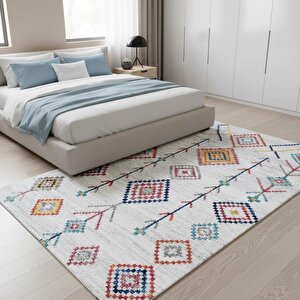 Krem Ve Çok Renkli Boho Motifli Otantik Dijital Baskı Halı – Kaymaz Tabanlı, Geometrik Desenli Dekoratif Salon Halısı 120x350 cm