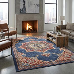 Lacivert Klasik Desenli Dijital Baskılı Kaymaz Tabanlı Halı 120x170 cm