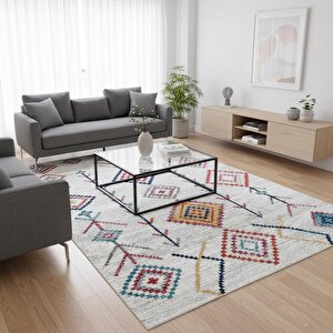 Krem Ve Çok Renkli Boho Motifli Otantik Dijital Baskı Halı – Kaymaz Tabanlı, Geometrik Desenli Dekoratif Salon Halısı 100x850 cm