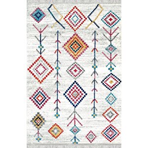 Krem Ve Çok Renkli Boho Motifli Otantik Dijital Baskı Halı – Kaymaz Tabanlı, Geometrik Desenli Dekoratif Salon Halısı