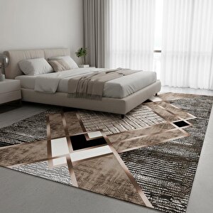 Krem Ve Bakır Renklerde Modern Geometrik Desenli Dijital Baskılı Halı – Kaymaz Tabanlı, Üçgen Ve Elmas Formlu Şık Salon Ve Oda Hal 200x250 cm