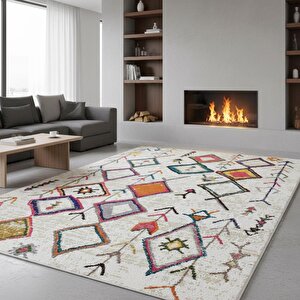 Krem Çok Renkli Boho Motifli Dijital Baskılı Halı – Kaymaz Tabanlı, Geometrik Modern Desenli Salon Oda Halısı 100x400 cm