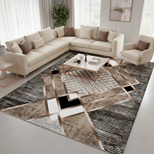 Krem Ve Bakır Renklerde Modern Geometrik Desenli Dijital Baskılı Halı – Kaymaz Tabanlı, Üçgen Ve Elmas Formlu Şık Salon Ve Oda Hal 100x300 cm