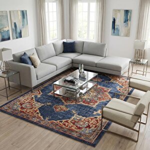 Lacivert Klasik Desenli Dijital Baskılı Kaymaz Tabanlı Halı 160x950 cm