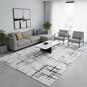 Gri Beyaz Soyut Çizgili Dijital Baskılı Halı – Kaymaz Tabanlı, Modern Minimal Desenli Salon Ev Ve Ofis Halısı 200x290 cm