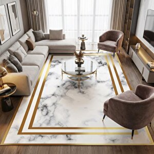 Beyaz Altın Mermer Desenli Dijital Baskılı Kaymaz Tabanlı Halı 200x290 cm