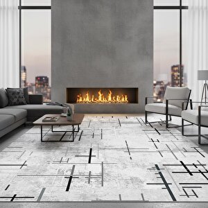 Gri Beyaz Soyut Çizgili Dijital Baskılı Halı – Kaymaz Tabanlı, Modern Minimal Desenli Salon Ev Ve Ofis Halısı 200x600 cm