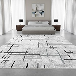 Gri Beyaz Soyut Çizgili Dijital Baskılı Halı – Kaymaz Tabanlı, Modern Minimal Desenli Salon Ev Ve Ofis Halısı 200x600 cm