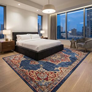 Lacivert Klasik Desenli Dijital Baskılı Kaymaz Tabanlı Halı 80x80 cm