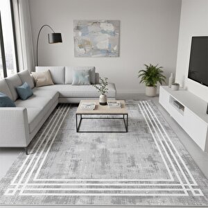Gri Beyaz Modern Çerçeve Desenli Dijital Baskılı Halı – Kaymaz Tabanlı, Minimal Dokulu Şık Salon Ve Oda Halısı 100x1000 cm