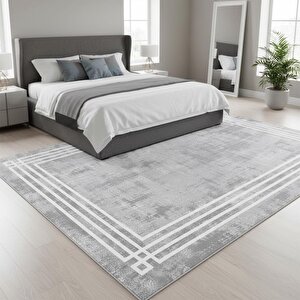 Gri Beyaz Modern Çerçeve Desenli Dijital Baskılı Halı – Kaymaz Tabanlı, Minimal Dokulu Şık Salon Ve Oda Halısı 100x1000 cm