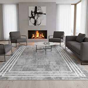 Gri Beyaz Modern Çerçeve Desenli Dijital Baskılı Halı – Kaymaz Tabanlı, Minimal Dokulu Şık Salon Ve Oda Halısı 100x1000 cm