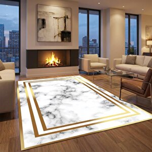 Beyaz Altın Mermer Desenli Dijital Baskılı Kaymaz Tabanlı Halı 160x230 cm