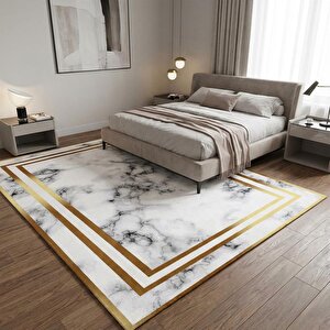 Beyaz Altın Mermer Desenli Dijital Baskılı Kaymaz Tabanlı Halı 160x850 cm