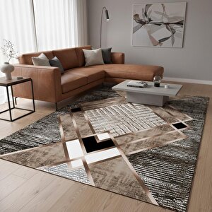 Krem Ve Bakır Renklerde Modern Geometrik Desenli Dijital Baskılı Halı – Kaymaz Tabanlı, Üçgen Ve Elmas Formlu Şık Salon Ve Oda Hal 120x180 cm