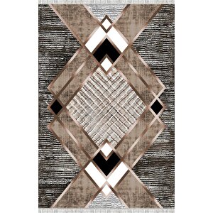 Krem Ve Bakır Renklerde Modern Geometrik Desenli Dijital Baskılı Halı – Kaymaz Tabanlı, Üçgen Ve Elmas Formlu Şık Salon Ve Oda Hal