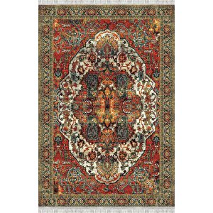 Kırmızı Yeşil Klasik Medallion Dijital Baskılı Kaymaz Tabanlı Halı