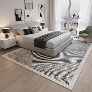 Krem Gri Modern Çizgili Dijital Baskılı Halı – Kaymaz Tabanlı, Minimal Geometrik Desenli Şık Salon Ve Oda Halısı 200x200 cm