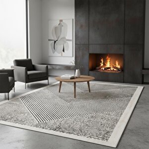 Krem Gri Modern Çizgili Dijital Baskılı Halı – Kaymaz Tabanlı, Minimal Geometrik Desenli Şık Salon Ve Oda Halısı 200x200 cm