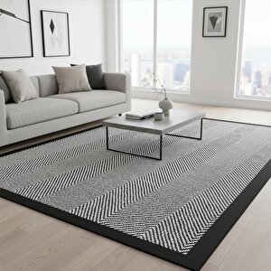 Siyah Gri Modern Çizgili Dijital Baskılı Halı Kaymaz Taban Minimal Şerit Desenli Salon Ve Oda Halısı 200x290 cm