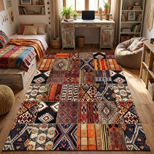 Turuncu Kahve Çok Renkli Etnik Patchwork Dijital Baskılı Kaymaz Tabanlı Halı 80x200 cm