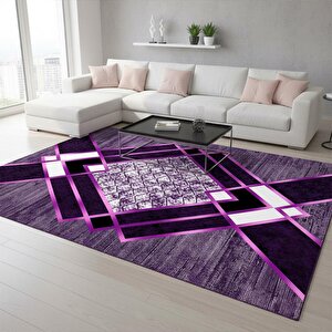 Siyah Lila Modern Geometrik Desenli Dijital Baskılı Halı – Kaymaz Tabanlı, Üçgen Ve Elmas Formlu Şık Salon Ve Oda Halısı 160x450 cm