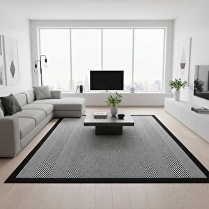 Siyah Gri Modern Çizgili Dijital Baskılı Halı Kaymaz Taban Minimal Şerit Desenli Salon Ve Oda Halısı 80x150 cm
