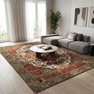 Kırmızı Yeşil Klasik Medallion Dijital Baskılı Kaymaz Tabanlı Halı 160x600 cm