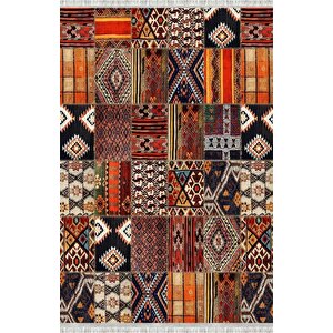 Turuncu Kahve Çok Renkli Etnik Patchwork Dijital Baskılı Kaymaz Tabanlı Halı