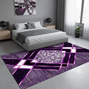 Siyah Lila Modern Geometrik Desenli Dijital Baskılı Halı – Kaymaz Tabanlı, Üçgen Ve Elmas Formlu Şık Salon Ve Oda Halısı 120x600 cm