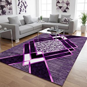 Siyah Lila Modern Geometrik Desenli Dijital Baskılı Halı – Kaymaz Tabanlı, Üçgen Ve Elmas Formlu Şık Salon Ve Oda Halısı 80x350 cm
