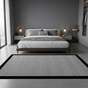 Siyah Gri Modern Çizgili Dijital Baskılı Halı Kaymaz Taban Minimal Şerit Desenli Salon Ve Oda Halısı 80x80 cm