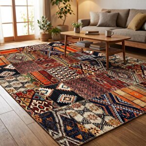 Turuncu Kahve Çok Renkli Etnik Patchwork Dijital Baskılı Kaymaz Tabanlı Halı 200x290 cm