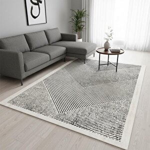 Krem Gri Modern Çizgili Dijital Baskılı Halı – Kaymaz Tabanlı, Minimal Geometrik Desenli Şık Salon Ve Oda Halısı 120x180 cm