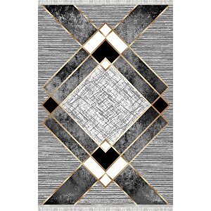 Siyah Ve Altın Renklerde Modern Geometrik Desenli Dijital Baskılı Halı – Kaymaz Tabanlı, Üçgen Ve Elmas Formlu Şık Salon Ve Oda Ha