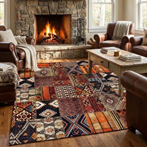 Turuncu Kahve Çok Renkli Etnik Patchwork Dijital Baskılı Kaymaz Tabanlı Halı 120x120 cm