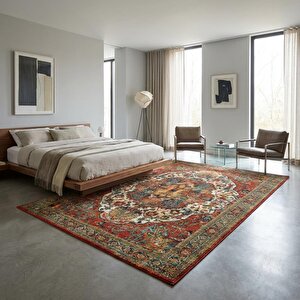 Kırmızı Yeşil Klasik Medallion Dijital Baskılı Kaymaz Tabanlı Halı 200x290 cm