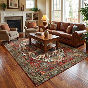 Kırmızı Yeşil Klasik Medallion Dijital Baskılı Kaymaz Tabanlı Halı 200x600 cm