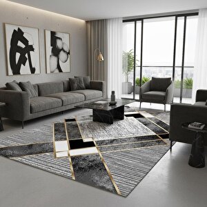 Siyah Ve Altın Renklerde Modern Geometrik Desenli Dijital Baskılı Halı – Kaymaz Tabanlı, Üçgen Ve Elmas Formlu Şık Salon Ve Oda Ha 100x550 cm