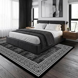 Siyah Beyaz Geometrik Desenli Dijital Baskılı Kaymaz Tabanlı Halı 100x900 cm