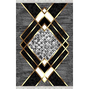Gri Ve Altın Renklerde Modern Geometrik Desenli Dijital Baskılı Halı – Kaymaz Tabanlı, Üçgen Ve Elmas Formlu Şık Salon Ve Oda Halı