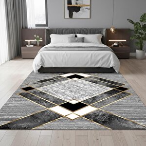 Siyah Ve Altın Renklerde Modern Geometrik Desenli Dijital Baskılı Halı – Kaymaz Tabanlı, Üçgen Ve Elmas Formlu Şık Salon Ve Oda Ha 120x250 cm